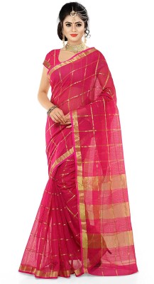 StyleDeal Checkered Kota Doria Pure Cotton Saree(Pink)