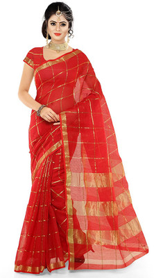 StyleDeal Checkered Kota Doria Pure Cotton Saree(Red)