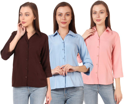 SHANAYA MODA Women Solid Formal Dark Green Shirt(Pack of 3)