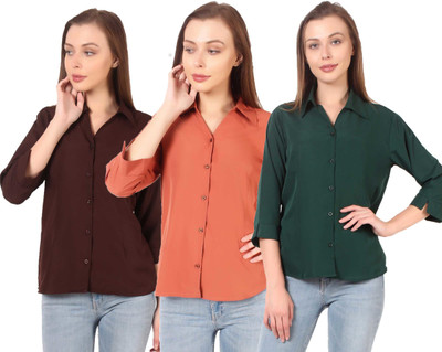Giggles Women Solid Formal Dark Green Shirt(Pack of 3)