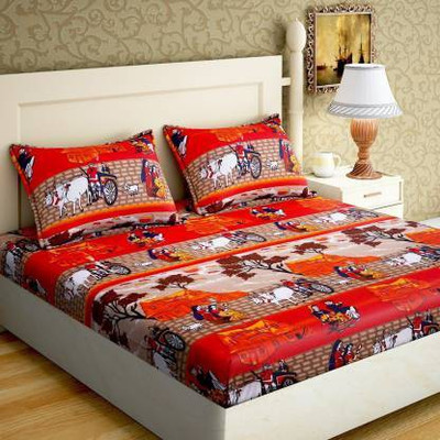 PAWAR 140 TC Microfiber Double Printed Flat Bedsheet(Pack of 1, ORANGEBEDSHEET)