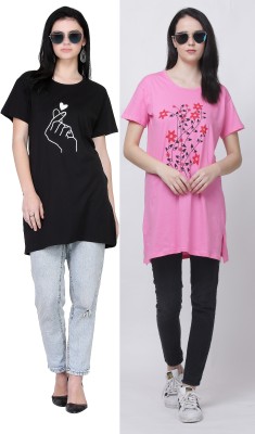 RG TRENDS Printed Women Round Neck Black, Pink T-Shirt