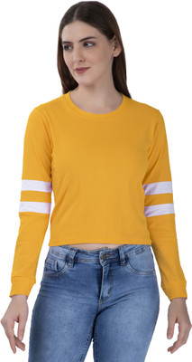 VIVINKS Striped Women Round Neck Yellow T-Shirt
