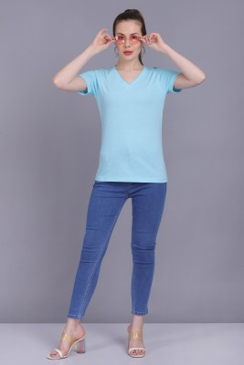 CLOTHINK India Solid Women V Neck Light Blue T-Shirt