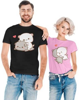 Couples Emotion Printed Couple Round Neck Multicolor T-Shirt