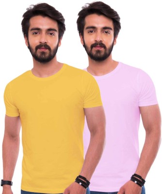 Unusuals Solid Men Round Neck Pink, Yellow T-Shirt