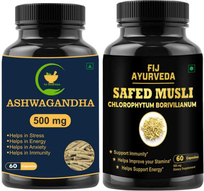 FIJ AYURVEDA Safed Musli Capsule with Ashwagandha Capsule for Energy & Stamina – (Combo Pack)(Pack of 2, 120 Capsules)