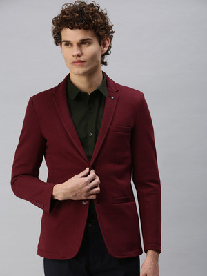 SHOWOFFFF Solid Single Breasted Party Men Blazer(Maroon)