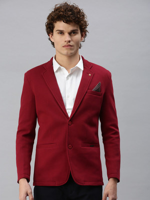 SHOWOFFFF Solid Single Breasted Casual Men Blazer(Maroon)