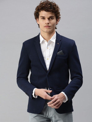 SHOWOFFFF Solid Single Breasted Casual Men Blazer(Dark Blue)