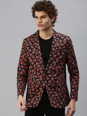 SHOWOFFFF Floral Print Single Breasted Casual Men Blazer(Dark Blue)