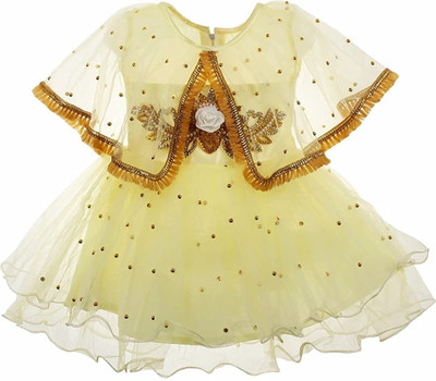 Classic Premium Girls Midi/Knee Length Festive/Wedding Dress(Beige, Half Sleeve)