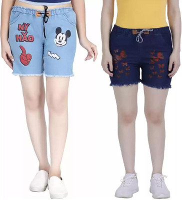 GLAMHOOD Short For Girls Casual Printed Denim(Blue, Pack of 2)
