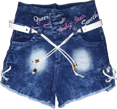 Bikram Short For Girls Casual Embriodered Denim(Blue, Pack of 1)