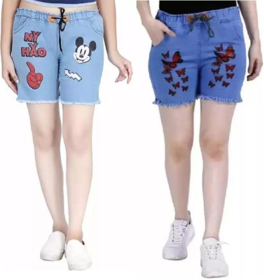 GLAMHOOD Short For Girls Casual Printed Denim(Blue, Pack of 2)