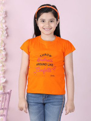 STYLESTONE Girls Printed Pure Cotton Regular T Shirt(Orange, Pack of 1)