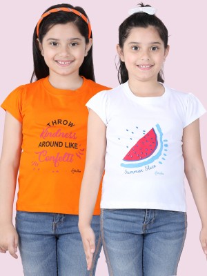 STYLESTONE Girls Graphic Print Pure Cotton T Shirt(Multicolor, Pack of 2)