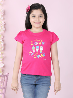 STYLESTONE Girls Printed Pure Cotton Regular T Shirt(Pink, Pack of 1)