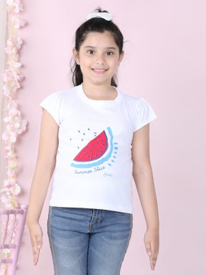 STYLESTONE Girls Printed Pure Cotton T Shirt(White, Pack of 1)