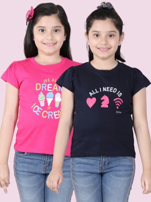 STYLESTONE Girls Typography Pure Cotton T Shirt(Multicolor, Pack of 2)
