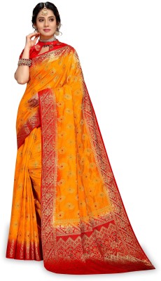 iZibra Self Design, Woven Banarasi Pure Silk, Cotton Silk Saree(Red, Yellow)