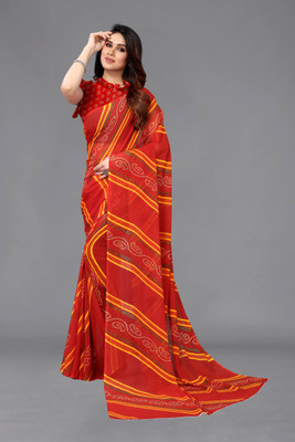 sareya veela Striped Bandhani Georgette Saree(Red)