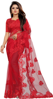 Divastri Embroidered, Applique Bollywood Net Saree(Red)