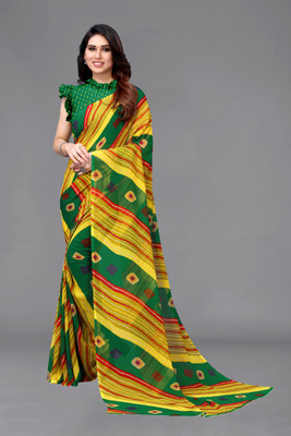 sareya veela Striped Bandhani Georgette Saree(Green, Yellow)
