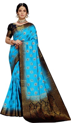 iZibra Self Design, Woven Banarasi Pure Silk, Cotton Silk Saree(Dark Blue, Light Blue)