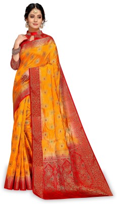 iZibra Self Design, Woven Banarasi Pure Silk, Cotton Silk Saree(Red, Yellow)