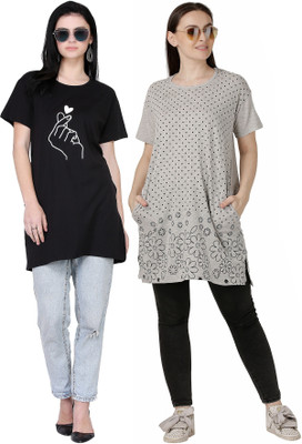 RG TRENDS Printed Women Round Neck Black, Grey T-Shirt