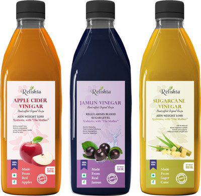 Relishta Apple Cider Jamun & Sugarcane Vinegar with Mother Vinegar (Pack of 3) Vinegar(3 x 500 ml)