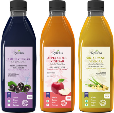 Relishta Jamun Apple Cider & Sugarcane Vinegar with Mother Vinegar (Pack of 3) Vinegar(3 x 500 ml)