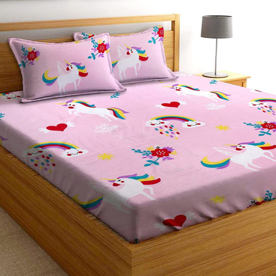TURIYA Microfiber Double Fitted (Elastic) 180 TC Self Design Bedsheet(Pack of 1, Pink)