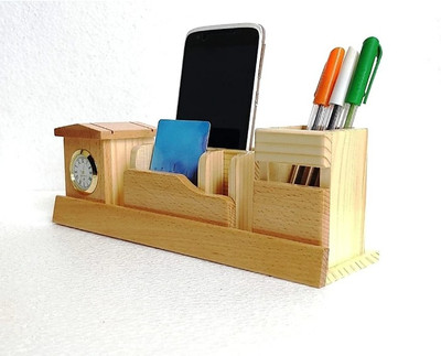 CreatMii 4 Compartments Polished Glossy Wooden Clock Pen Stand/ MObile Stand For Multipurpose(Light Brown)