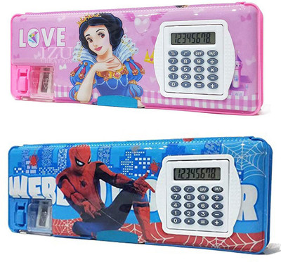 spartone Inbuilt Calculator Spider Man & Princess Art Pencil Box Geometry Box(Pink, Blue)