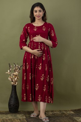 HYTEN Women Printed Gown Kurta(Maroon)