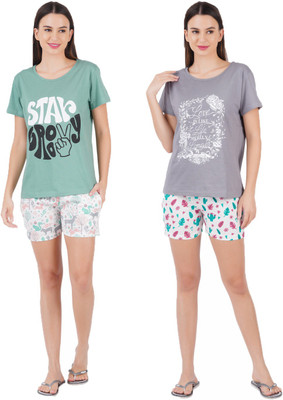 Sevnix Women Printed Multicolor Top & Shorts Set