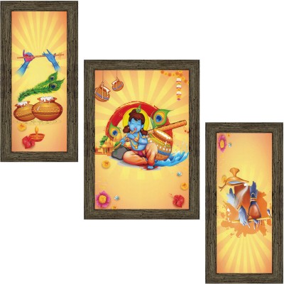 Indianara Set of 3 Bal Krishna with Butter Pot and Flute (1849EBY) Without Glass Digital Reprint 13 inch x 10.2 inch Painting(With Frame, Pack of 3)