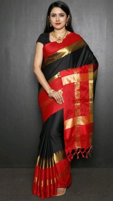 Fab Silk Woven Banarasi Handloom Cotton Silk Saree(Red, Black)