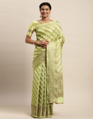 Satrani Self Design, Woven, Embellished Kanjivaram Organza, Jacquard Saree(Gold, Light Green)