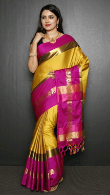Fab Silk Woven Banarasi Handloom Cotton Silk Saree(Gold, Pink)