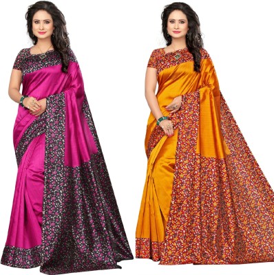 Aadvika Printed, Embellished Mysore Art Silk Saree(Pack of 2, Pink, Mustard)