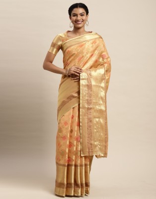 Satrani Self Design, Woven, Embellished Kanjivaram Organza, Jacquard Saree(Gold, Orange)