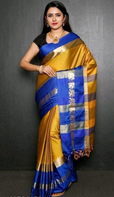 Fab Silk Woven Banarasi Handloom Cotton Silk Saree(Gold, Blue)