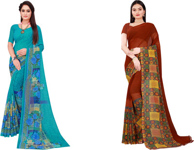 Saadhvi Floral Print Daily Wear Georgette Saree(Pack of 2, Blue)