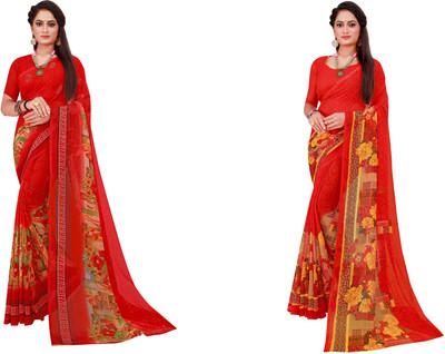 Saadhvi Floral Print Bollywood Georgette Saree(Pack of 2, Multicolor)