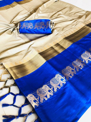 KALATEEKA Woven Banarasi Cotton Silk Saree(Beige)