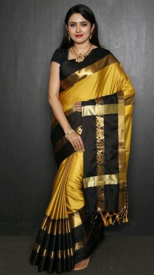 Fab Silk Woven Banarasi Handloom Cotton Silk Saree(Gold, Black)