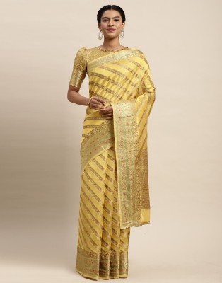 SIRIL Self Design, Woven, Embellished Kanjivaram Organza, Jacquard Saree(Gold, Yellow)